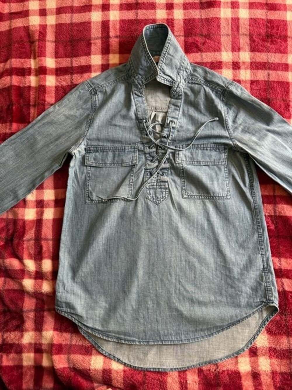 Light Blue Lace-Up Denim Blouse with Chest Pockets